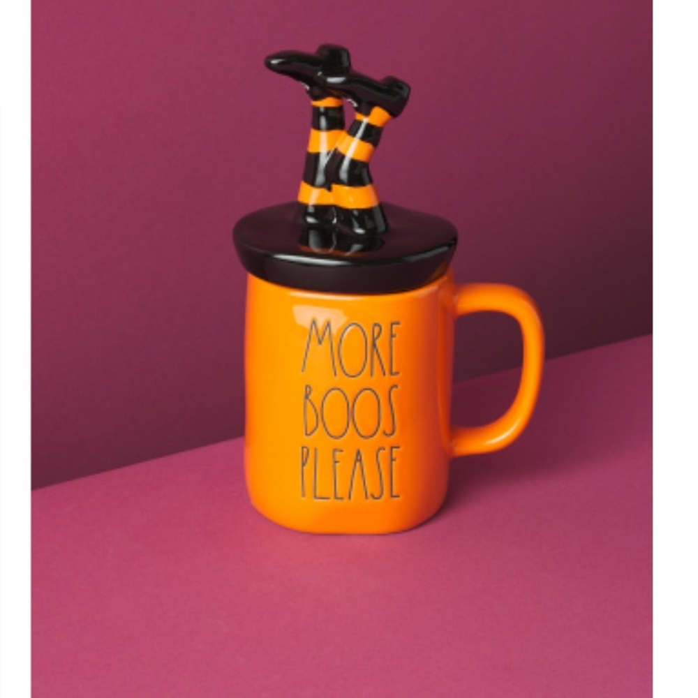 ~Halloween MORE BOOS PLEASE Witch Legs Figural Topper Mug Rae Dunn